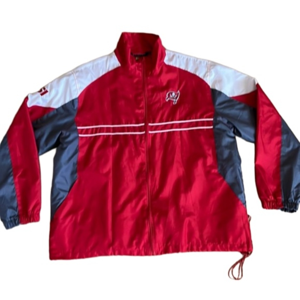 NFL TAMPA BAY BUCCANEERS MENS X-LARGE WINDBREAKER RED FULL ZIP PULL CORD HEM